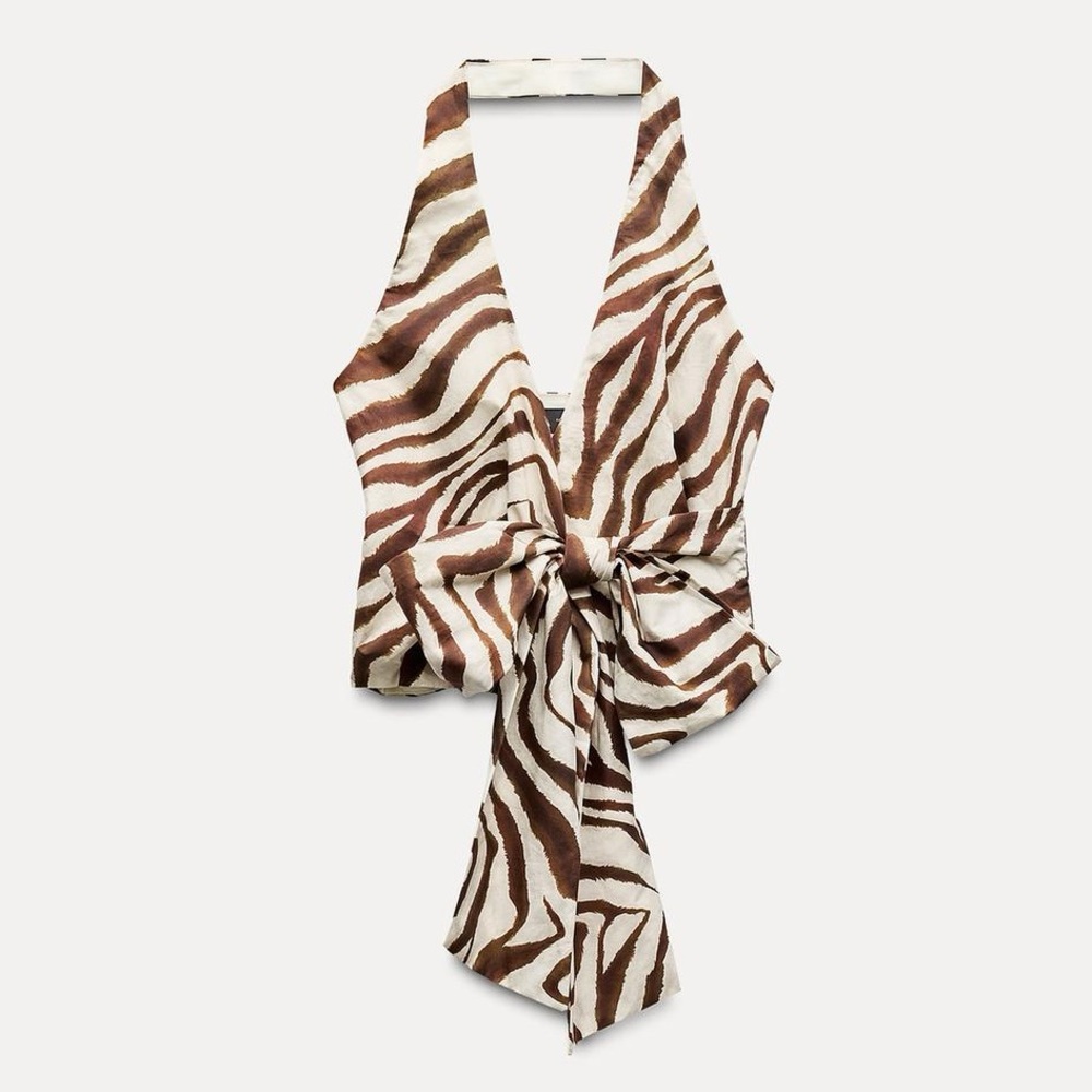 ZARA ZEBRA PRINT SURPLICE HALTER TOP Brown Beige XL